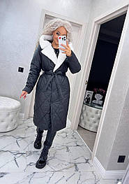 Пальто куртка стьобане зимове з капюшоном і хутром тедді з поясом