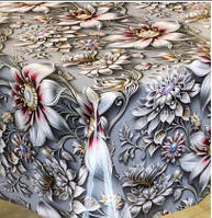 Лаковая Скатерть-Клеёнка на Тканевой Основе с Цветами в серых тонах на Праздничный Стол отрезная Ширина 140 см