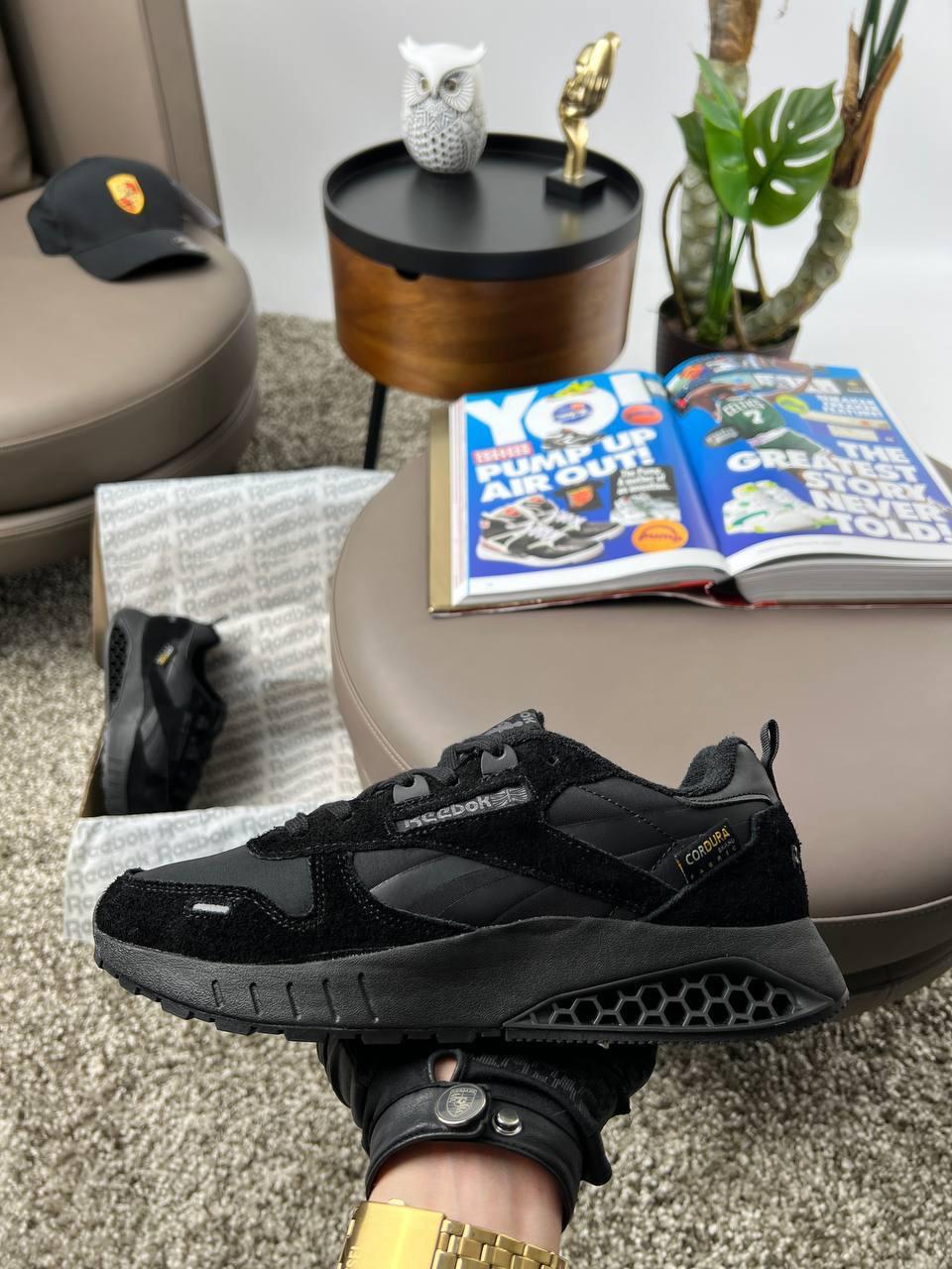 Чоловічі кросівки замша шкіра текстиль Reebok Classic Leather Hexalite Black, кеди Рибок чорні. Чоловіче взуття