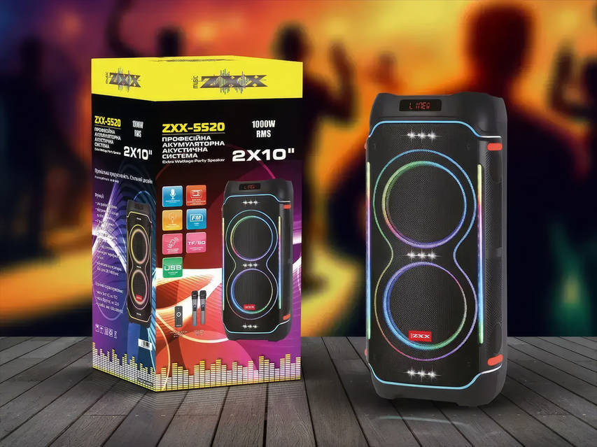 Переносная колонка на колесиках с 2 микрофонами и пультом