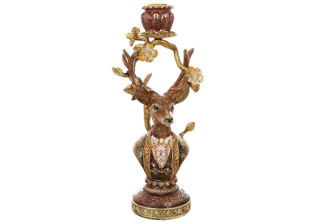 Декоративний свічник Олень (свічка d=23мм) із золотою поталлю, 13.5*10.5*30.5см, фото 1