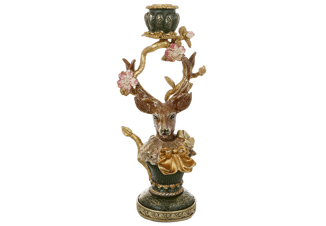 Декоративний свічник Олень (свічка d=23 мм) із золотою поталлю, 13.5*10.5*30.5см, фото 1