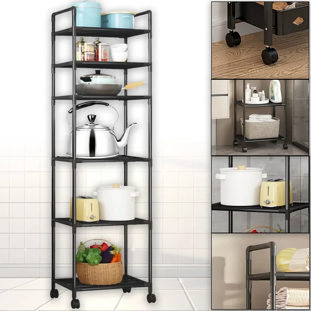 6-рівневий підлоговий стелаж для зберігання з роликами, візок для кухні, ванної кімнати, TVT-02