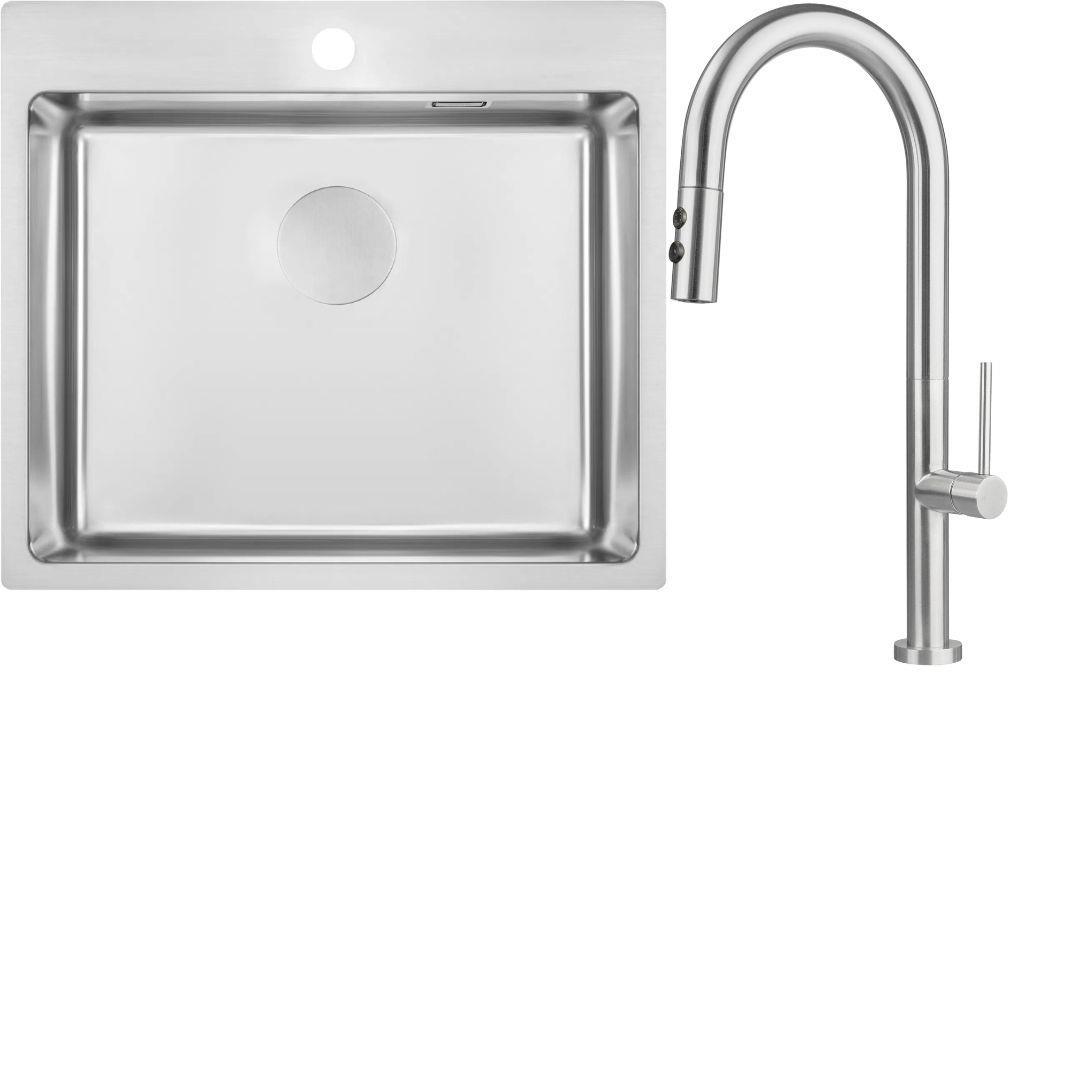 Набір для кухні Deante Olfato стальна мийка ZPO_010B + зміш. BQO_F72M, матова сталь, фото 1