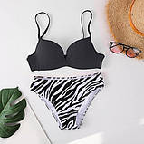 Жіночий купальник чорний ліф з пушапом на зав'язці, плавки у білу смужку, фото 2