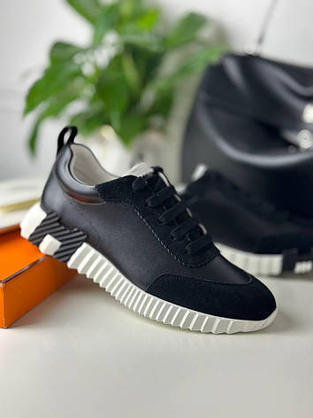 Чоловічі чорні шкіряні кросівки Hermes Bouncing з білими вставками кеди ермес, фото 1