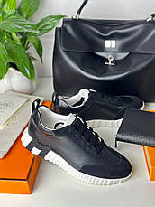 Чоловічі чорні шкіряні кросівки Hermes Bouncing з білими вставками кеди ермес, фото 6