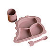 Силіконовий посуд для підгодовування чашка, тарілка з трьома секціями, ложка набір посуду для дітей рожевий Lugi, фото 6