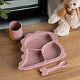 Силіконовий посуд для підгодовування чашка, тарілка з трьома секціями, ложка набір посуду для дітей рожевий Lugi, фото 2