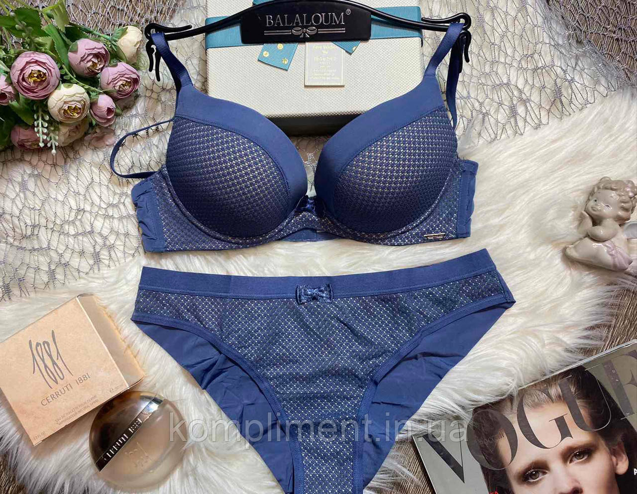 Комплект жіночої спідньої білизни з ефектом пушап Balaloum 9365, океан чашка В.