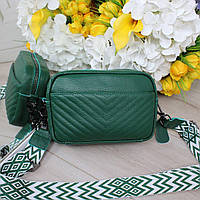 Жіноча шкіряна сумка кросбоді на широкому ремені сумочка зелена натуральна шкіра