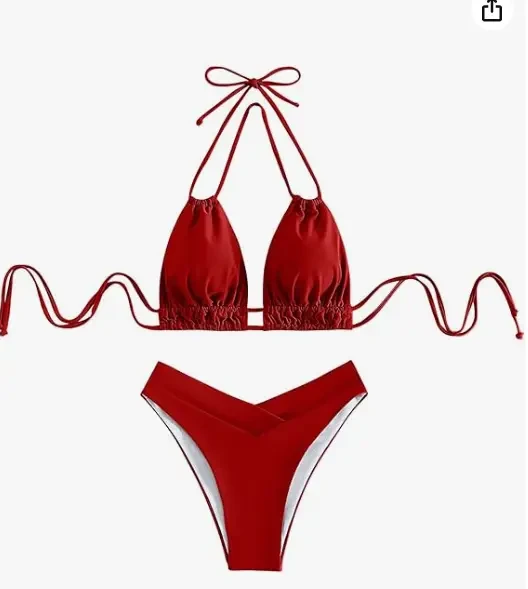 Жіночий роздільний купальник плавки та ліф на зав'язках у червоному кольорі, фото 1