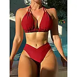 Жіночий роздільний купальник плавки та ліф на зав'язках у червоному кольорі, фото 6