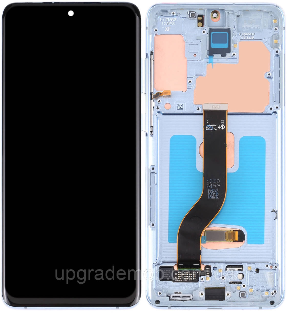 Дисплей модуль тачскрин Samsung G985 Galaxy S20+/G986 чорний OLED з рамкою блакитного кольору Cloud Blue