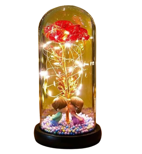 Троянда в скляній колбі з LED підсвічуванням Rose of Love Червона з фігурками подарунок на батарейках, фото 1