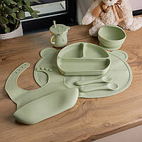 Набір дитячого посуду силіконового для першого прикорму 7 предметів  для дітей оливковий