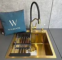 Мийка кухонна Valeso Handmade 50x50 см + змішувач (золото/чорний, гнучкий вилив, магнітне кріплення)