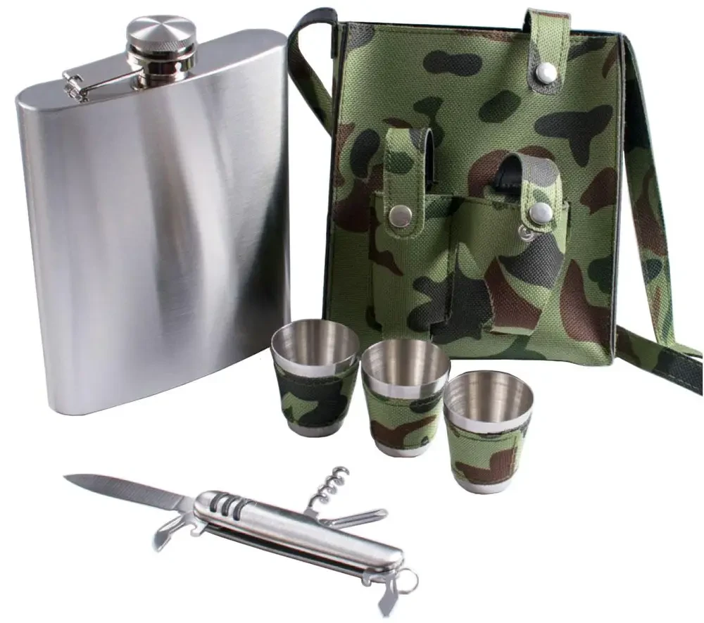 Подарунковий набір в камуфляжному чохлі фляга зі склянками, фото 1