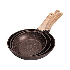 Набір універсальних сковорідок ⌀ 20/24/28 см MGC алюмінієвий з антипригарним покриттям 1,2/2/3 л Коричневий, фото 3