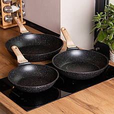 Набір універсальних сковорідок ⌀ 20/24/28 см MGC алюмінієвий з антипригарним покриттям 1,2/2/3 л Чорний, фото 5
