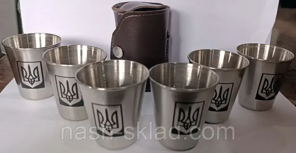Набір чарок із 6 штук Тризуб, похідного плану + шкіряний чохол