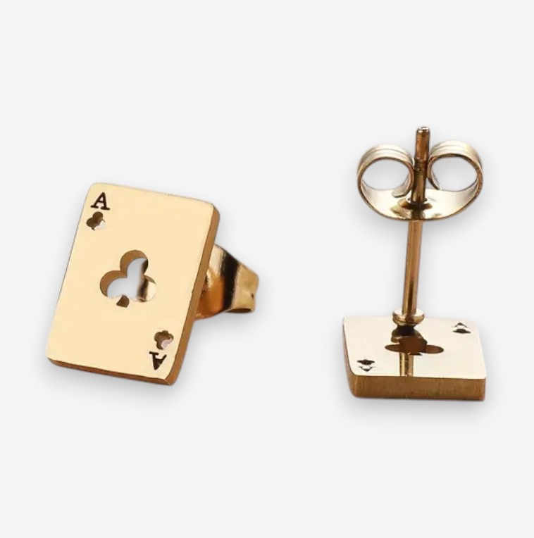 Елегантні чоловічі сережки-гвоздики карта піки з нержавіючої сталі, золотисті, 1 см, фото 1