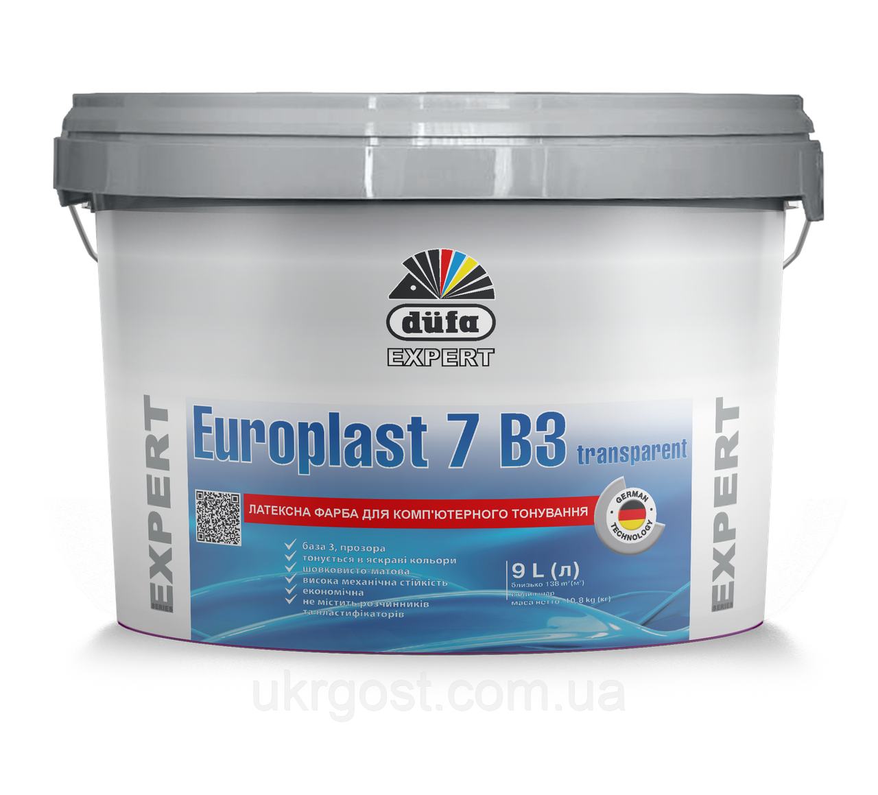 Фарба для стін латексна зносостійка Dufa Europlast 7 B3 Transparent мат прозора база під тонування 9 л