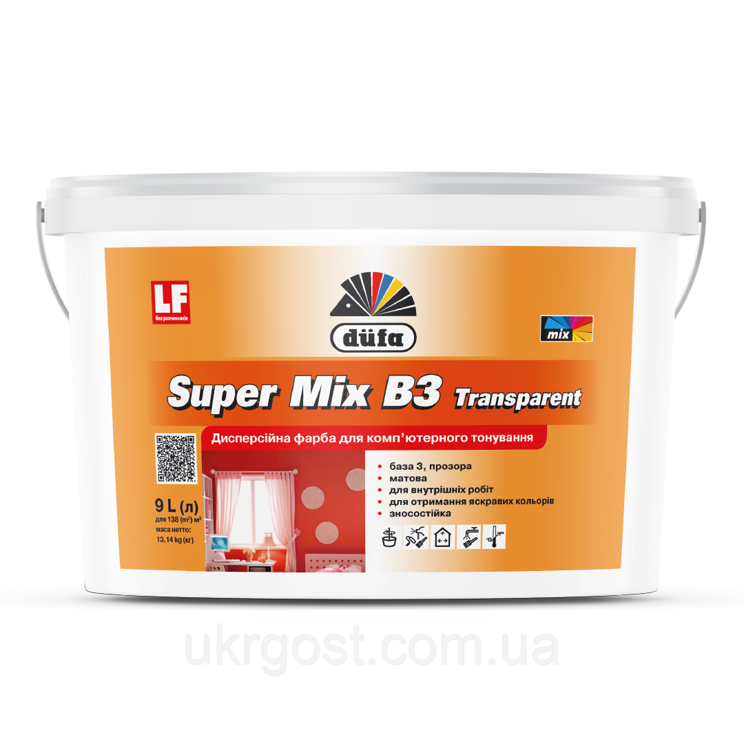 Фарба для стін акрилова водоемульсійна Dufa Super Mix B3 Transparent мат прозора база під тонування 1 л