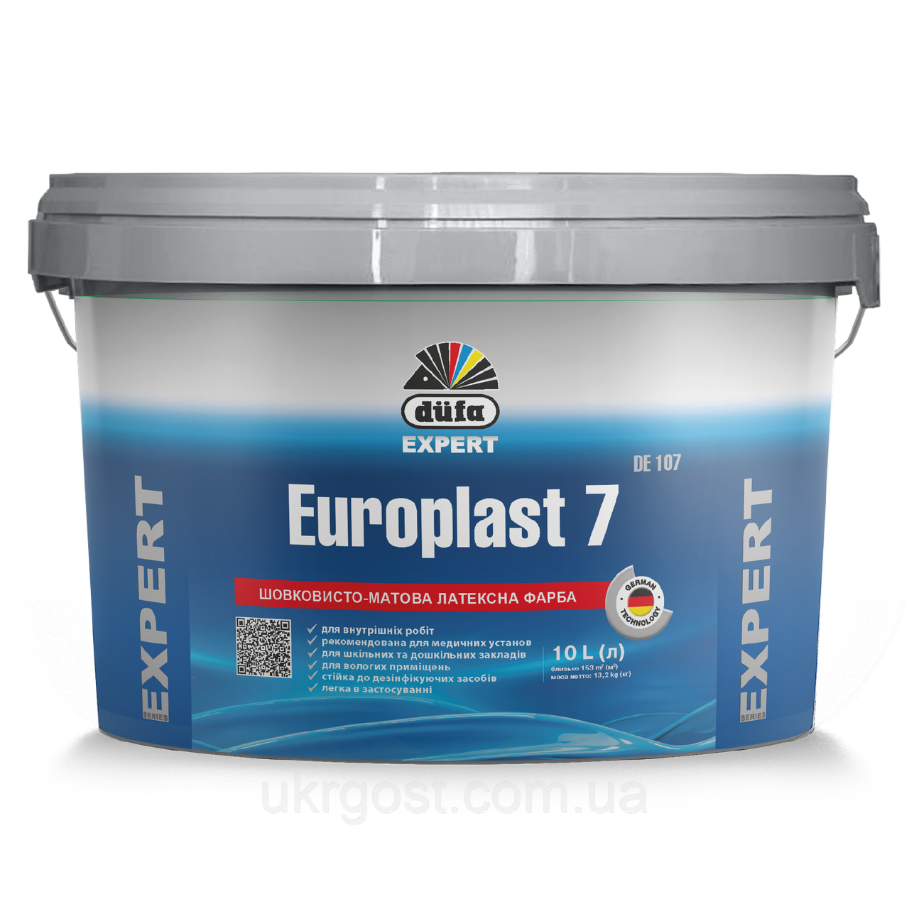Фарба для стін латексна водоемульсійна Dufa Europlast 7 DE107 шовк мат Білий 10 л