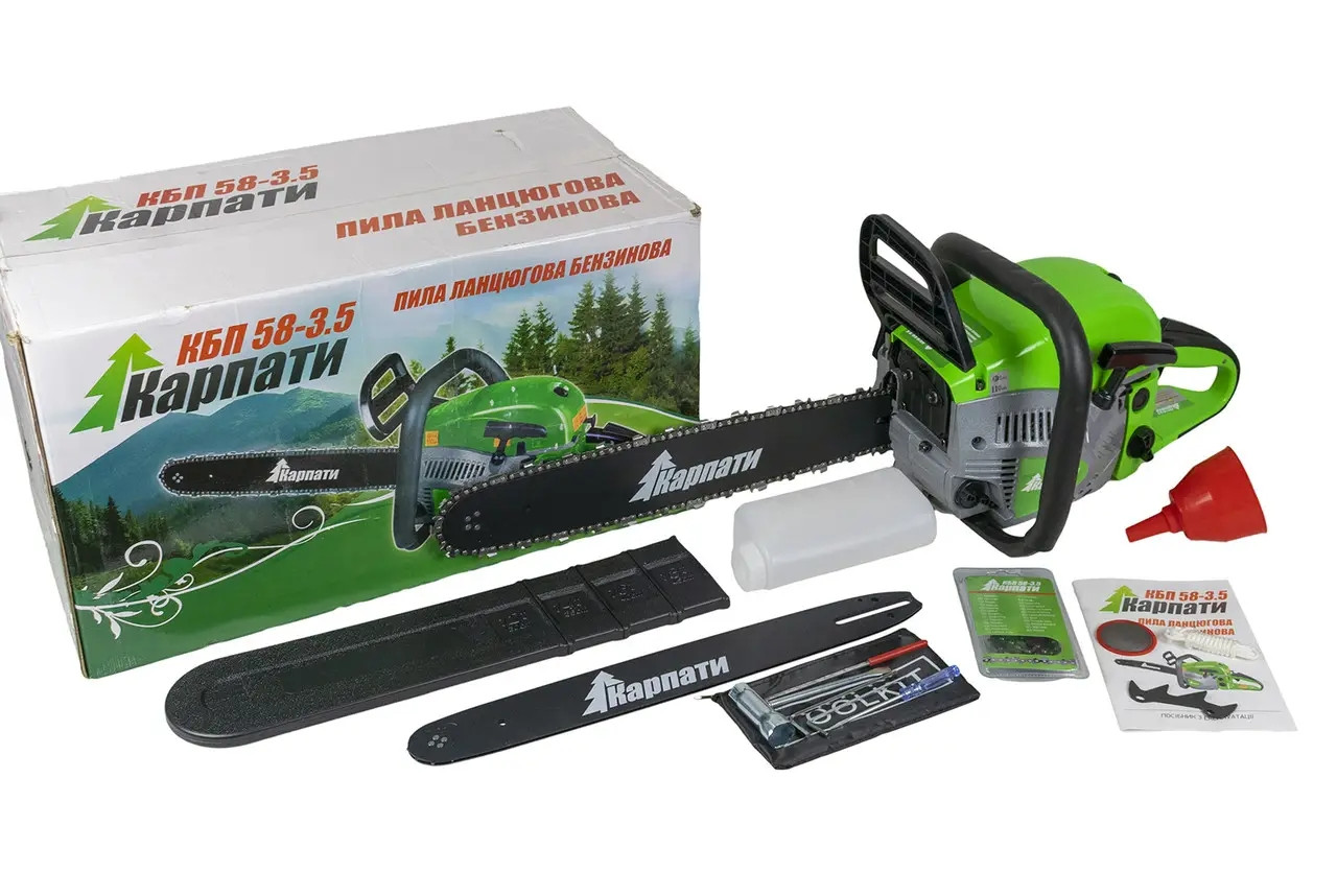 Бензопила КАРПАТИ КБП 58-3.5 Потужність двигуна: 3.5 к.с, Об'єм двигуна: 58 см³ Об'єм паливного бака 550 мл