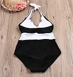 Чорно-білий суцільний купальник із чашкою та зав'язками через шию, фото 4