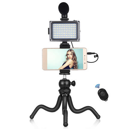 Комплект блогера Puluz PKT3094B 4в1 (світло, кріплення, тримач для телефону, мікрофон), фото 1