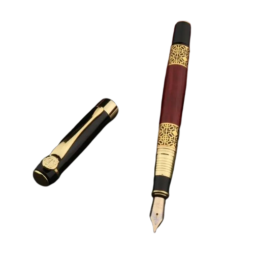 Подарункова перова чорнильна ручка, колір - під золото з червоним деревом, фото 1