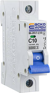 Автоматичний вимикач 10А однополюсний АСКО УКРЕМ ВА-2017/С тип C, 6kA