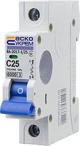 Автоматичний вимикач 25А однополюсний АСКО УКРЕМ ВА-2017/С тип C, 6kA