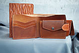 Жіночий шкіряний гаманець маленький Арт-Деко рудий з тисненням Колоски пшениці, фото 3