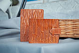 Жіночий шкіряний гаманець маленький Арт-Деко рудий з тисненням Колоски пшениці, фото 10