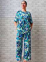 Женская пижама оптом большого размера батал бамбук стрейч вискоза футболка и широкие штаны голубая р.58 62 66