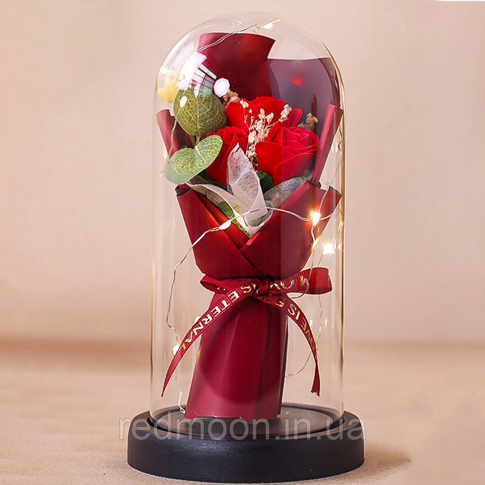 Букет з мильних троянд у колбі з підсвіткою, 23 см, Червоний / Подарунковий набір троянд з мила / Троянда в колбі, фото 1
