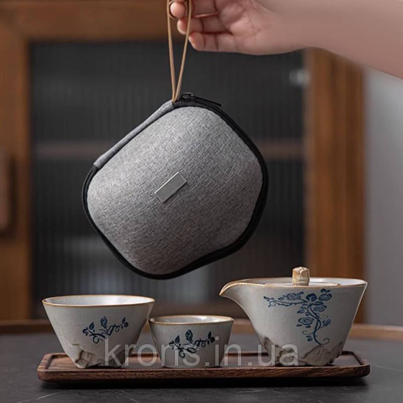 Дорожній чайний набір 20240129 Гайвань 170 ml керамічний + 2 піали з чохлом підставкою й рушником Gray +, фото 1