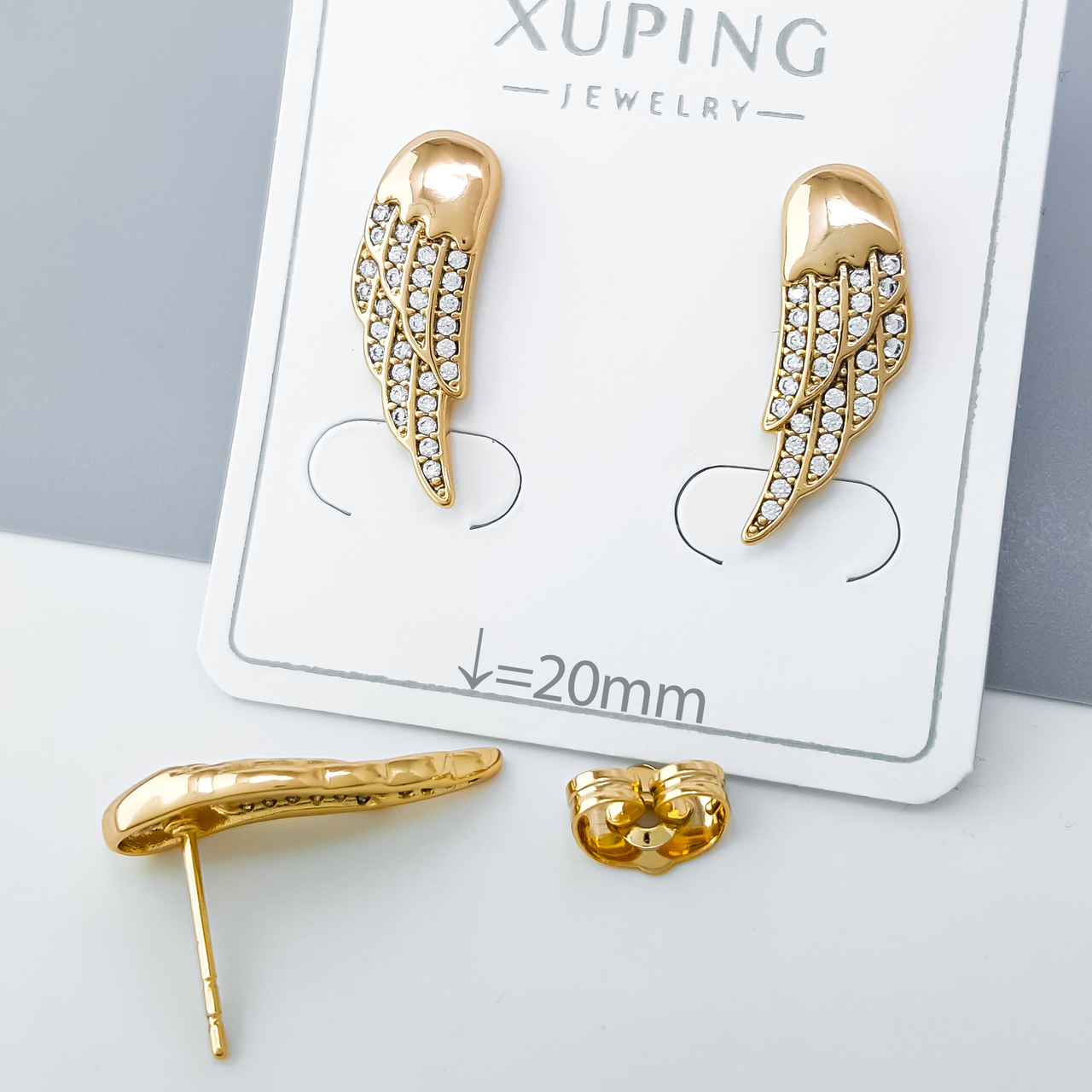 Сережки цвяшки "Крила" з розсипом каміння, медзолото Xuping позолота 18К