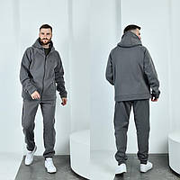 Тёплый мужской костюм на флисе с капюшоном и на молнии