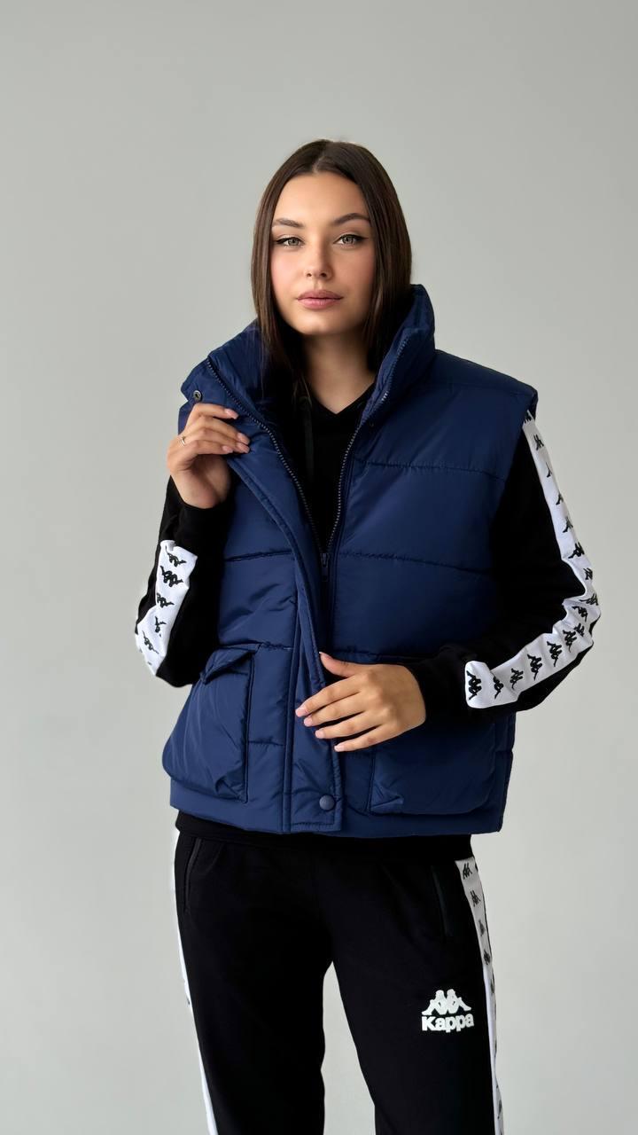 Жіноча жилетка оверсайз темно синя весняна осіння Безрукавка без капюшона демісезонна, фото 1