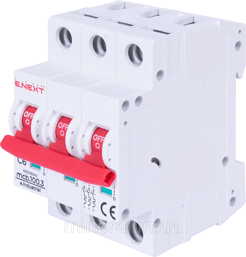 Модульний автоматичний вимикач e.industrial.mcb.100.3.C6. 3 р. 6А. C.  10кА, E.NEXT (i0180019)