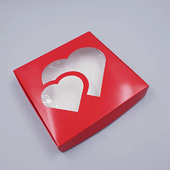 Коробка для пряників і печива Червона з віконцем серця 20х20х3 см