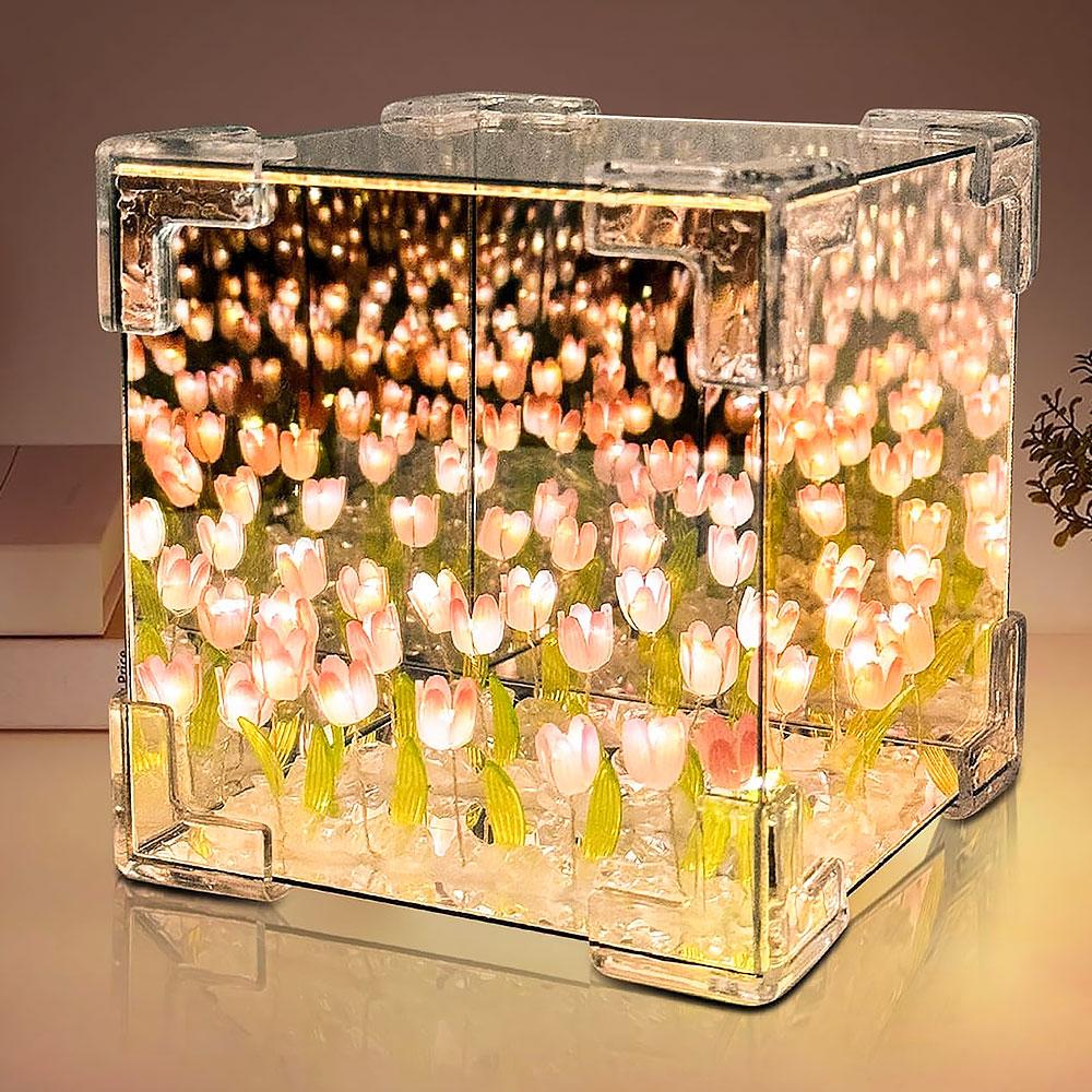 Нічник Безкінечні тюльпани (10×10см, 20 тюльпанів), від батарейок, Рожевий / Набір Зроби сам, фото 1