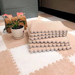 Килимок пазл з ворсом 20шт (30×30см), Бежевий з білим / Пазли на підлогу / Килим пазл