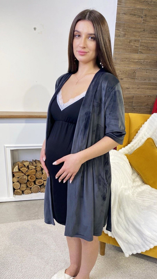 Комплект теплый в роддом халат велюровый ночная рубашка графит р.44-54