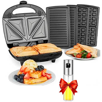 Сендвічниця 4в1 MS-7704 + Подарунок Розпилювач олії OIL BOTTLE / Бутербродниця мультипекар / Вафельниця