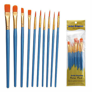 Набір художніх пензлів - 10 шт - Акварель, аквагрим, олія, акрил, гуаш - blue